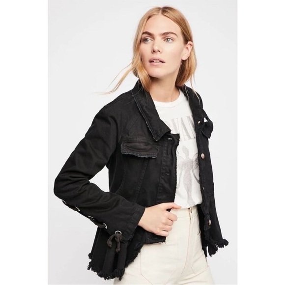 Free People Willow Black Denim Peplum Jacket Lace Up Sleeves - Picture 1 of 4